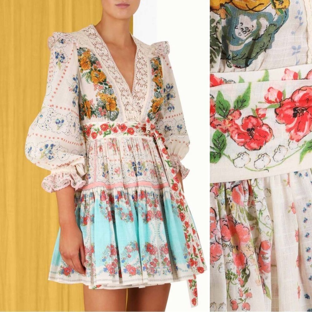Zimmermann Multi-Color Floral Mini Dress - Cream, Blue, Pink